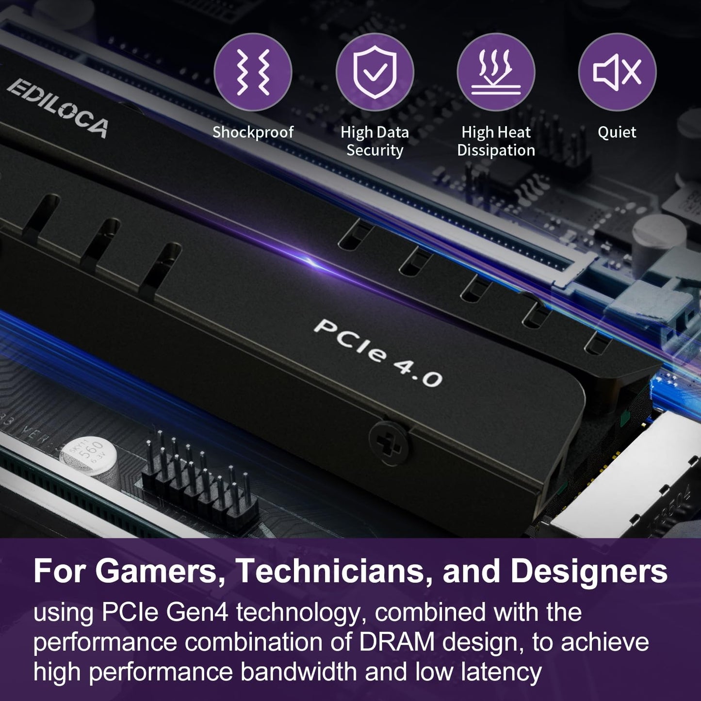 SSD Ediloca EN855 com dissipador de calor 7400MB/s PCIe Gen4.0 NVMe M.2 SSD de jogos Interno para PS5 e PC