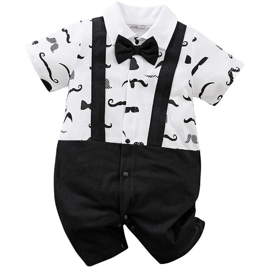 Boys Cartoon Printed Clothes Short Sleeve Bow Tie Romper Moustache Cotton Baby Gentleman Newborn Toddler Baby Jumpsuit Print