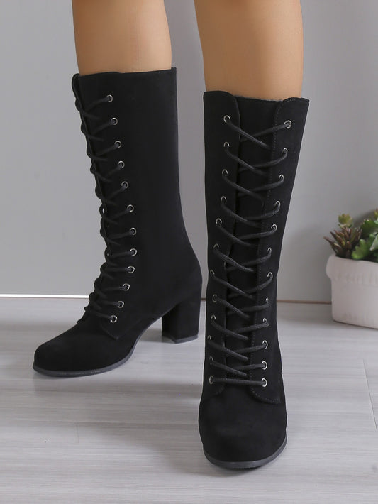 Winter Women Boots Shoes Fashion Vintage Lace-up Boots Women Round Cowboy High Heels Booties Shoes Woman Botas Mujer