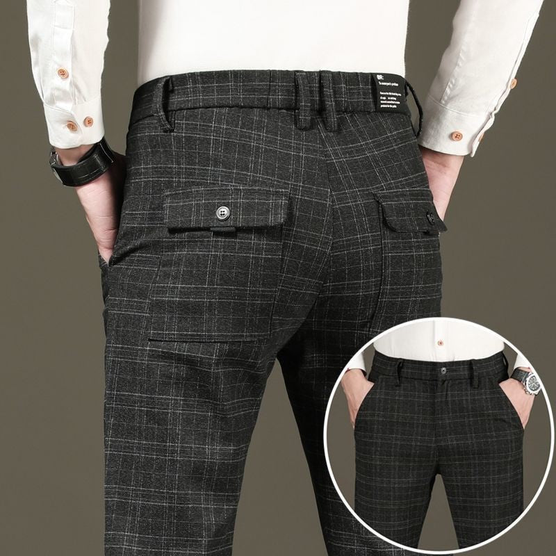 Male Suit Trousers Gray Plaid Check Straight Cheap Clothing Premium Men's Summer Pants Thin Casual Classic Slacks Dress Up