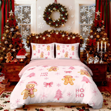 3pcs pink Merry Christmas gingerbread printed coreless bedding set multi size bedroom bedding holiday decoration comfortable