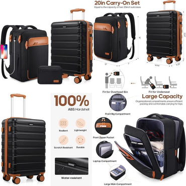 Men's & Women's 20 Inch Hardshell Luggage Set with Backpack, Airline Approved Carry-On 22x14x9 for Travel and Weekend Getaways