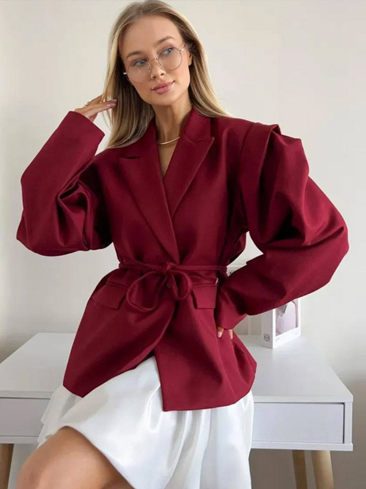 Lace Up Shoulder Pad Blazer Coat Women Elegant Turn-down Collar Long Sleeve Pockets Slim Fit Coats Chic Ladies Commute Outerwear