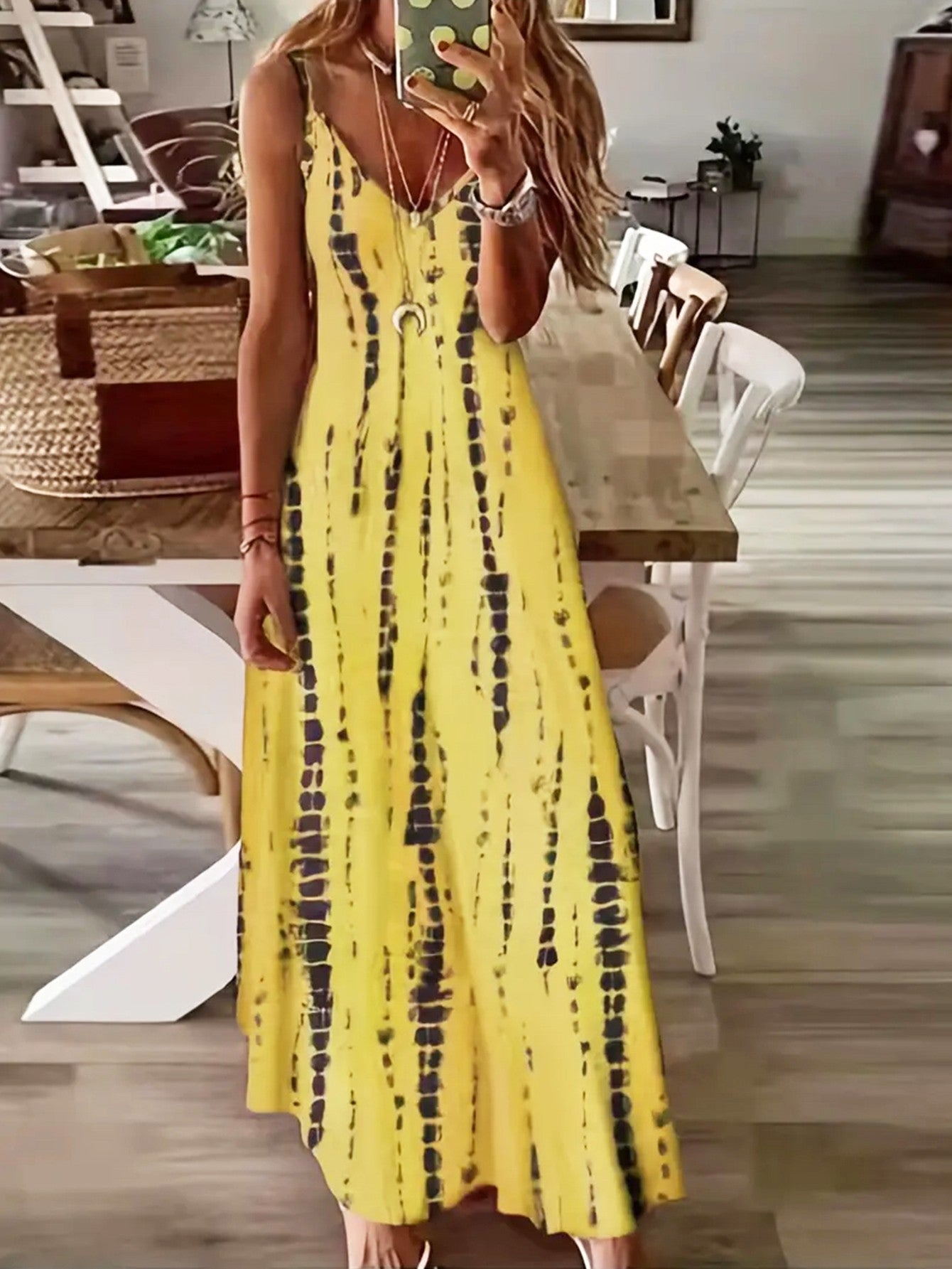 Women's Casual Loose V-neck Tie Dye Printed Spaghetti Maxi Dress Summer Beach Va