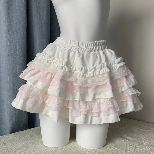 Pink Lace Puffy Skirt Women's Sweet High Waist A- Line Mini Skirt Ballet Style Short Skirt Anti-Light Walking Slimming Effect