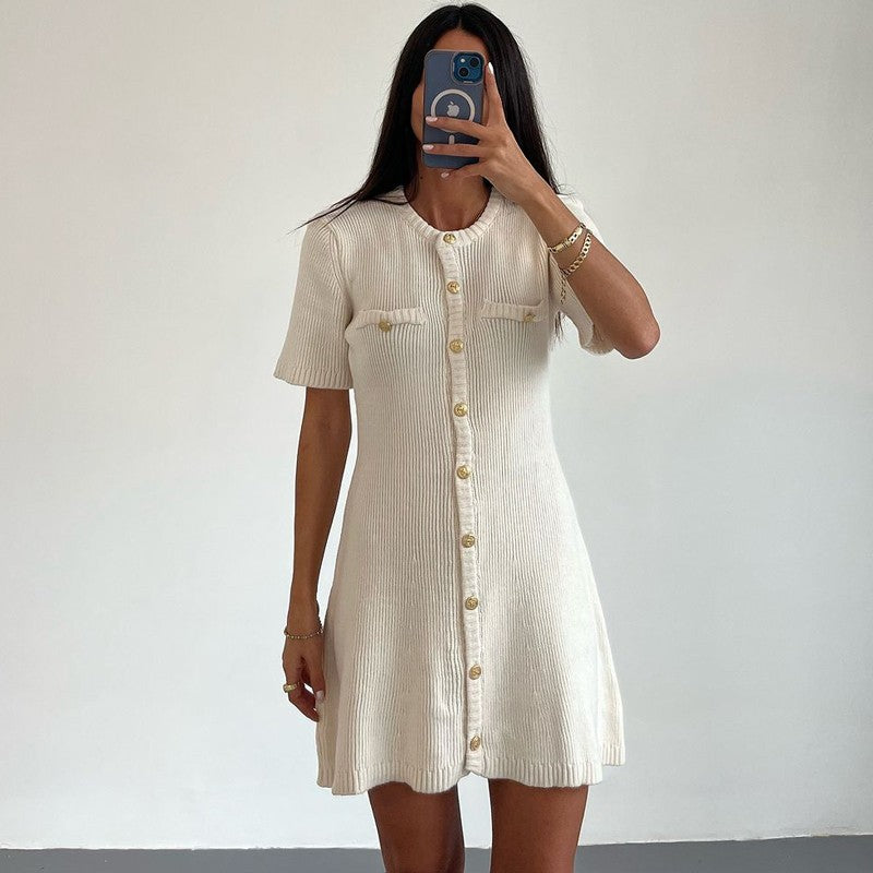 White Elegant Knitted Mini Dress For Women Metal Button Sexy Slim Rib Sweater Dr