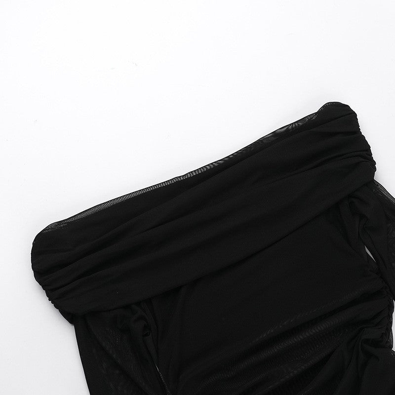 Y2k Summer New Solid Color Long Sleeve Off Shoulder Dresses Sexy Wrap Hip Mesh S