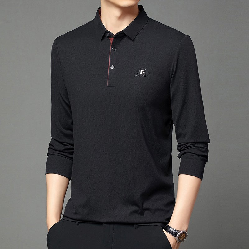 New Men's Business Casual Long Sleeved Shirt with Badge Solid Color Polo Shirt Fashionable Breathable Comfortable Versatile Top