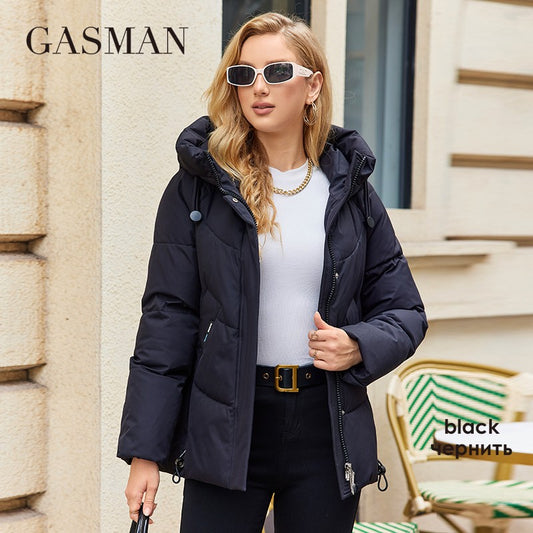 GASMAN 2023 Winter Down Jacket Women Short Classic zipper Design Pocket Stand Collar Hooded Slim Coat Women Parkas  83319