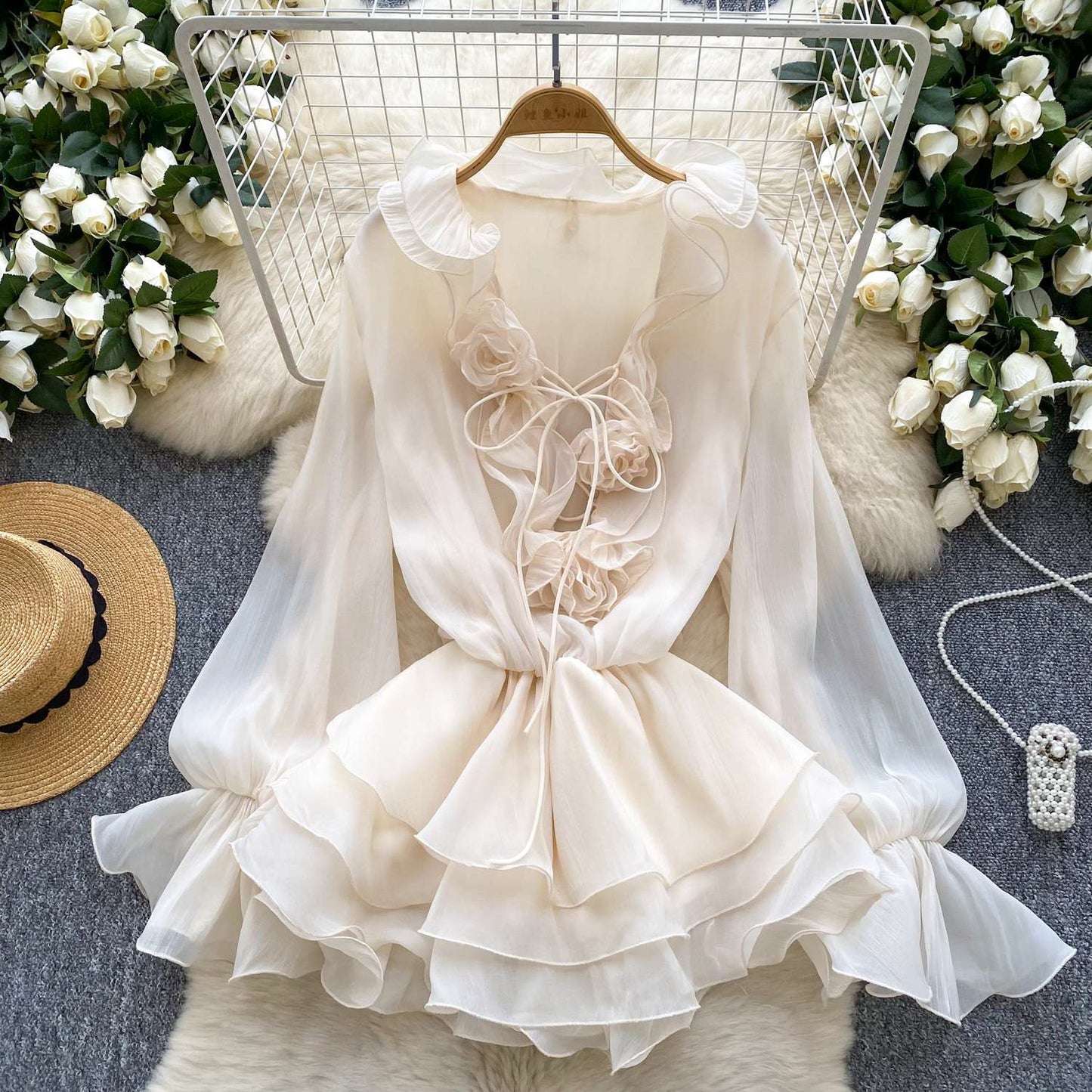 SINGREINY 3D Floral Beach Short Dress Female Long Sleeves Lace Up Ruffle Chiffon