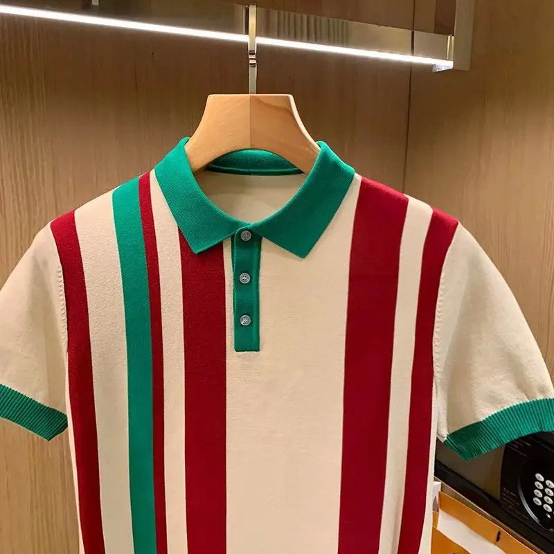 British Luxury Men's Fashion Slim Fit Knit Polo Shirt Casual Style Vertical Stripe Color Block Short Sleeves Sweater