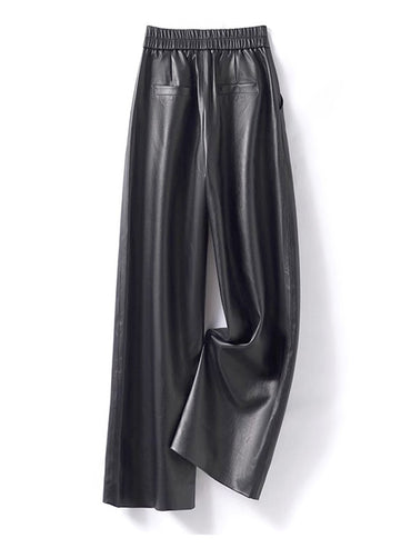 Black Genuine Leather Pants Women Sheepskin Straight Pants Spring Autumn High Waist Belt Loose Real Leather Casual Trousers