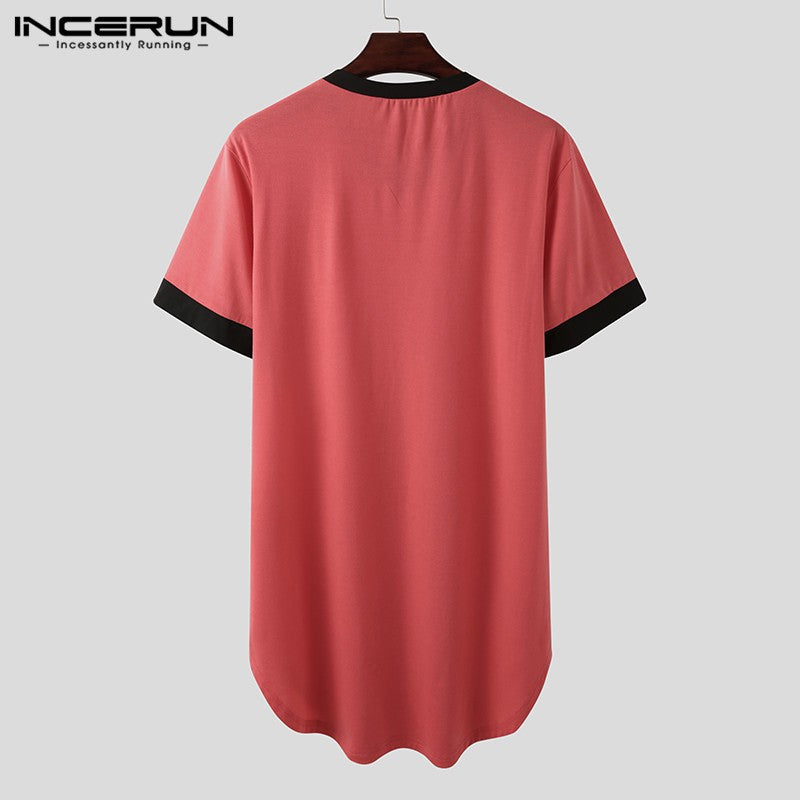 INCERUN 2024 Men Sleep Robes Short Sleeve V Neck Nightgown Patchwork Cozy Homewear Fashion Loose Mens Bathrobes Dressing Gown