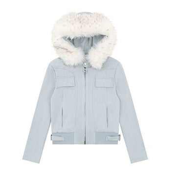 American hot girl big fur collar slim short jacket for women buckskin velvet waist slimming hooded cardigan sweatshirt