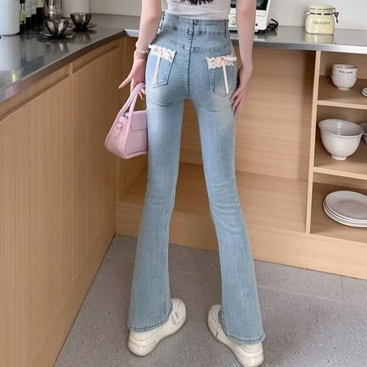 Woman Daily Vintage Blue Flare Jeans Female High Waist Stretch Bell Bottom Pants Girls Kawaii Lace Bow Decoration Denim Trousers