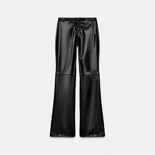 Elegant Women's Bandage PU Leather Trousers Black Low Waist Slim Straight Flare Pants 2025 Autumn Winter Lady Chic Y2k Pant New