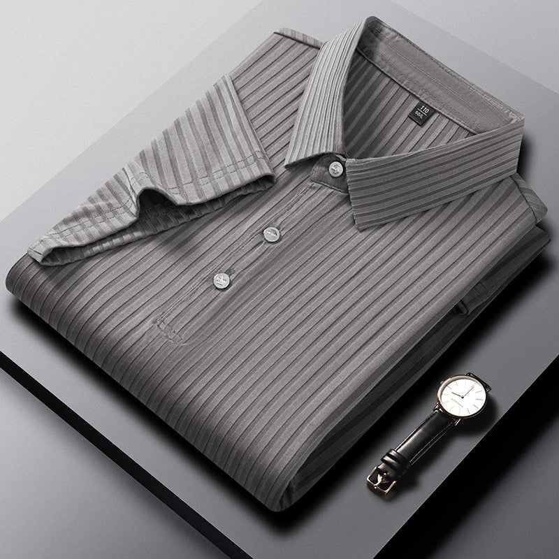 2025 New Men's Casual Fashion Striped Short Sleeved Collar Polo Shirt Breathable and Comfortable Summer Versatile T-shirt