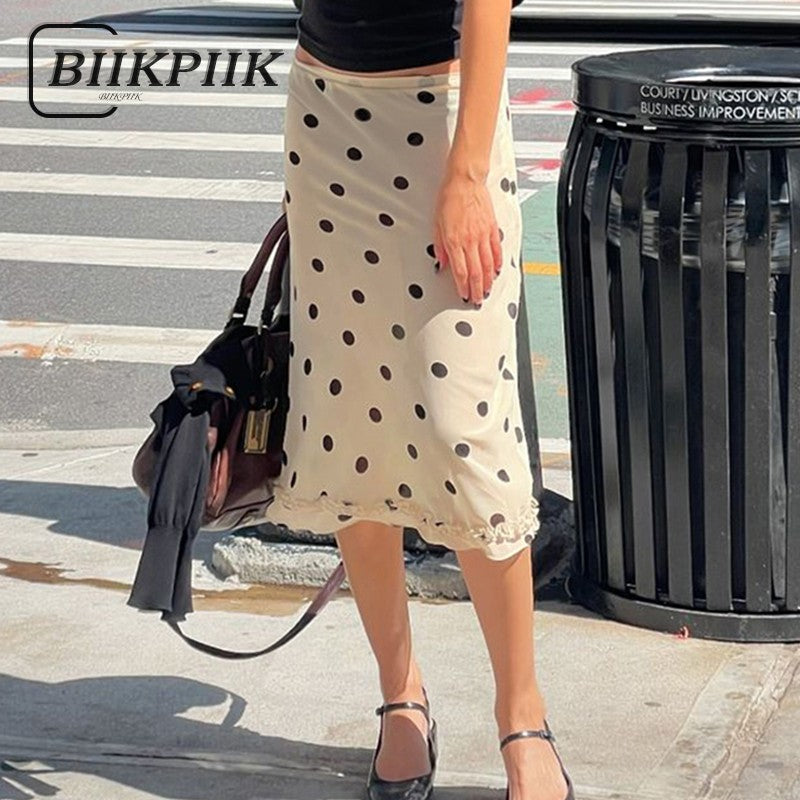 BIIKPIIK Casual Women Polka Dot Skirts Lettuce Trim Beige Elegant Midi Skirts St