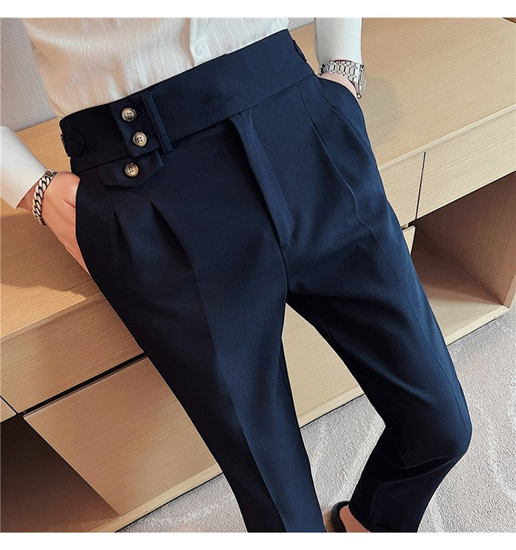 British Style Spring New Solid Business Casual Suit Pants High Waist Button Men Formal Pants High Quality Slim Office Trousers