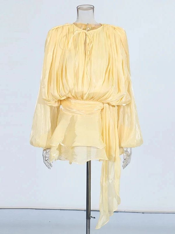 TWOTWINSTYLE Elegant Ruched Mini Dress For Women Round Neck Lantern Long Sleeve
