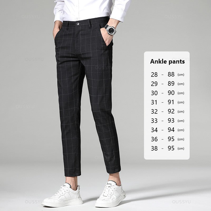 High Quality Plaid Stripe Ankle Length Pants Men Business Long Length Pant Straight Korea Grey Black Suit Formal Trousers Male