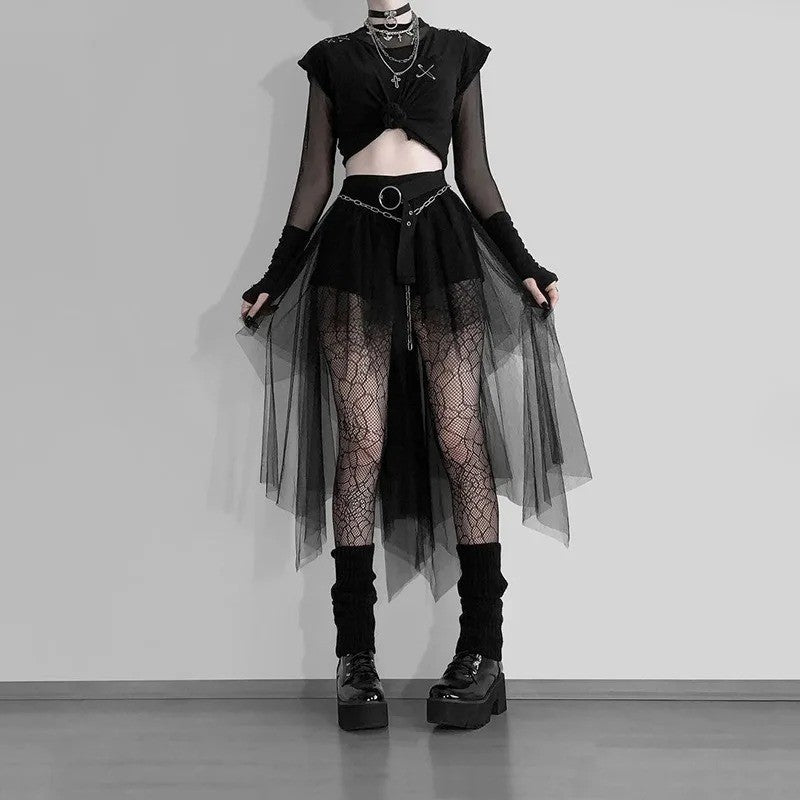 Sexy Net Yarn High-Waisted Irregular Skirt for Women Summer New European and Ame