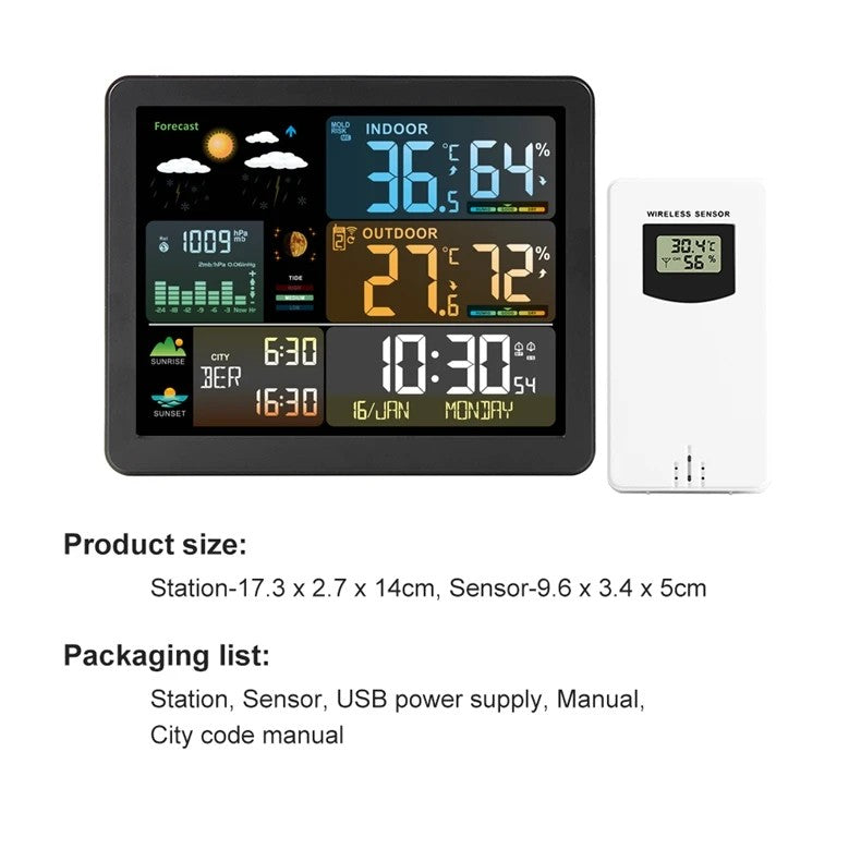 Wireless Weather Station with Colorful Display, Wall Digital Clock, Dual Alarm Clock, Barometer, Thermometer, Hygrometer