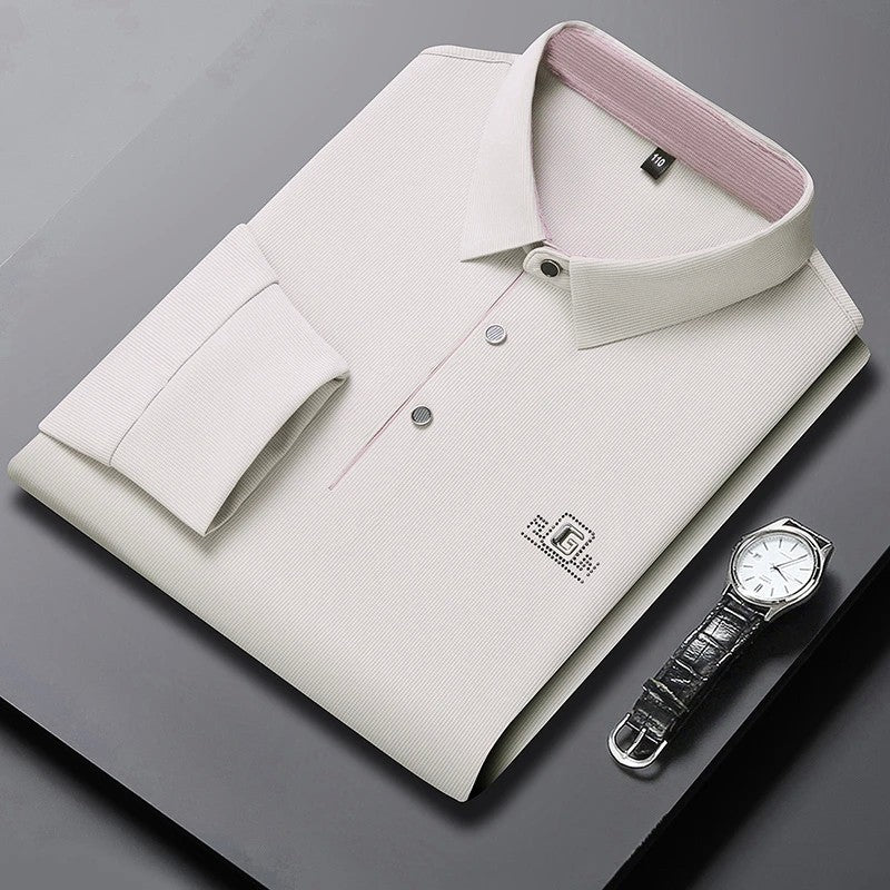 New Men's Business Casual Long Sleeved Shirt with Badge Solid Color Polo Shirt Fashionable Breathable Comfortable Versatile Top