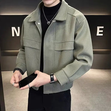 Men's Autumn Winter 2023 New High-end Feeling Cropped Woolen Jacket Casual Style Loose Fit Sweater Coat