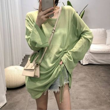 Women's 2025 Women's Summer New Beach Long sleeved Sunscreen Jacket Loose Hoodie Drawstring Upward Shirt