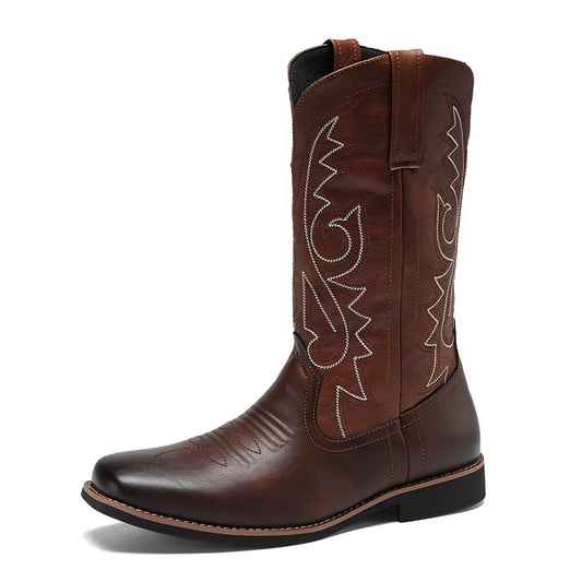 Men's Creative Pattern Embroidered Vintage Lace-Up Boots Wide-Toe Men's Cowboy Boots High-Top Riding Boots Extra Large Sizes