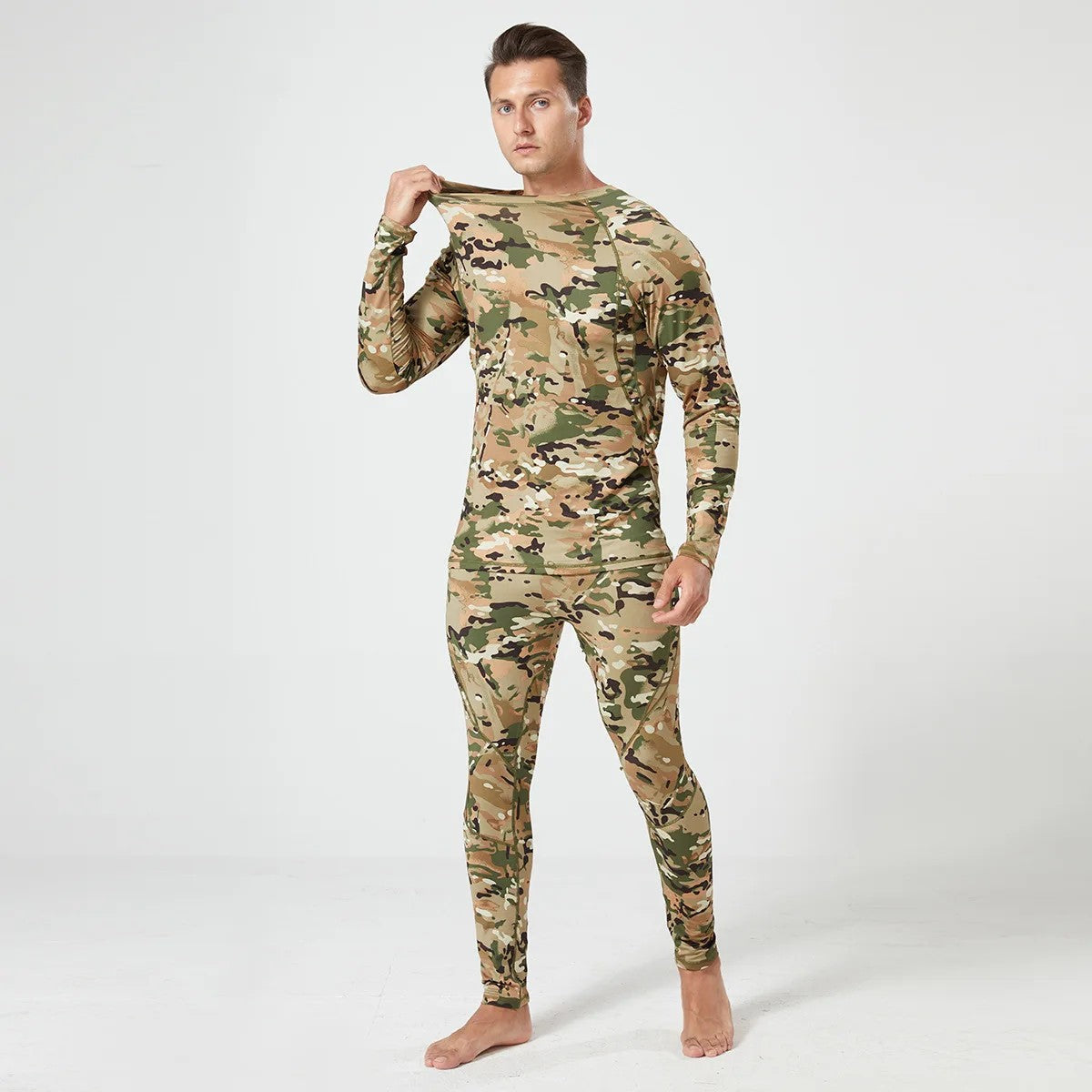 Men's Winter Thermal Fleece Tracksuit for Outdoor Training Quick Dry Camouflage Tactical Uniforms Slim Fit Running Underwear Set