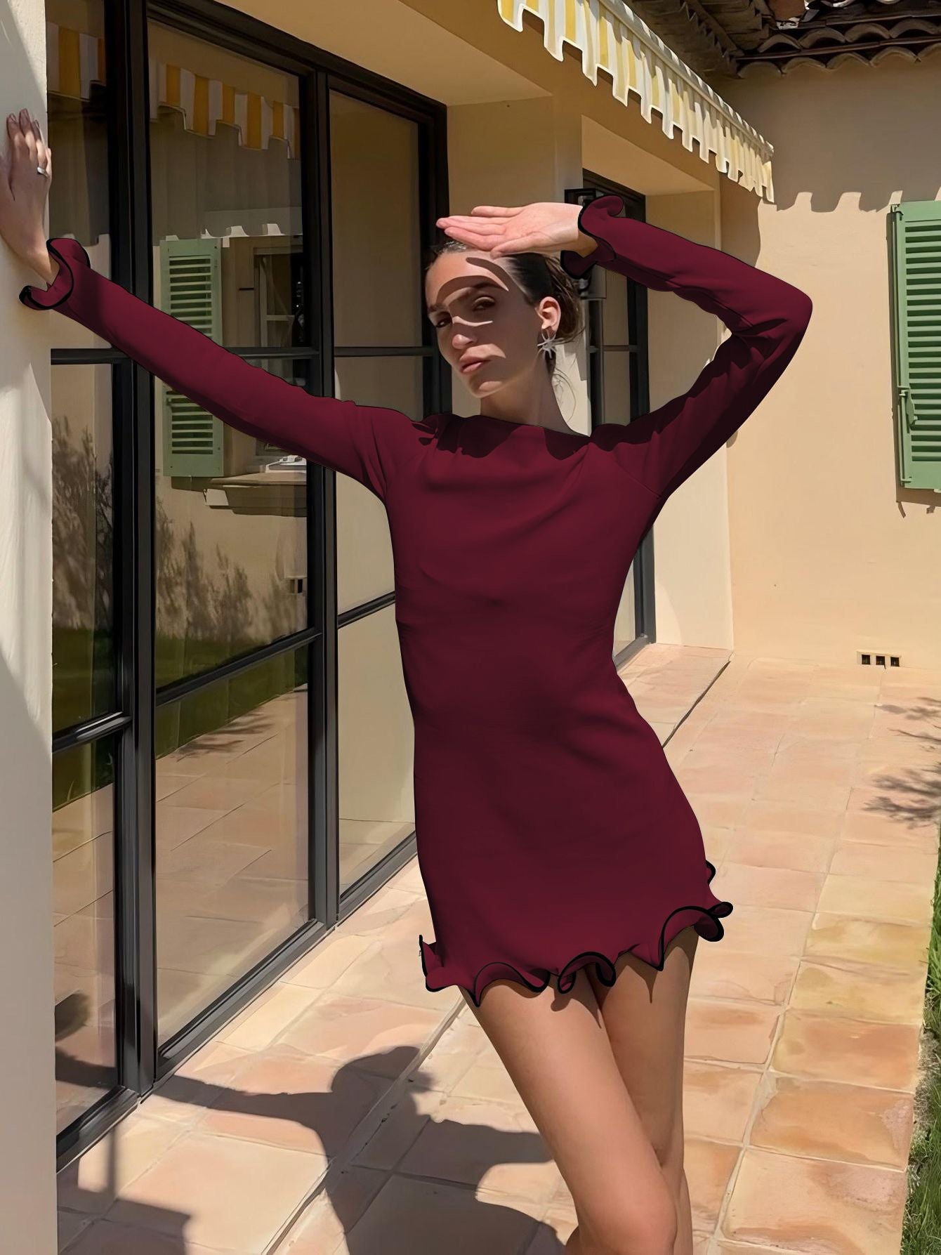 Dulzura O-Neck Long Sleeves Ruffles Patchwork Bodycon Mini Dress Sexy Elegant Ou