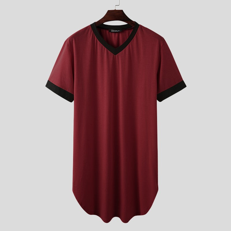INCERUN 2024 Men Sleep Robes Short Sleeve V Neck Nightgown Patchwork Cozy Homewear Fashion Loose Mens Bathrobes Dressing Gown
