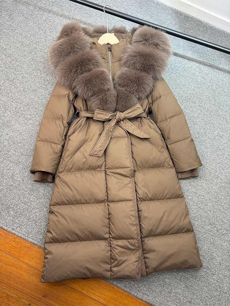 Janveny New Winter Long Hooded Puffer Jacket Women Warm Thickened Real Fox Fur Collar White Goose Down Jacket Waterproof Parkas