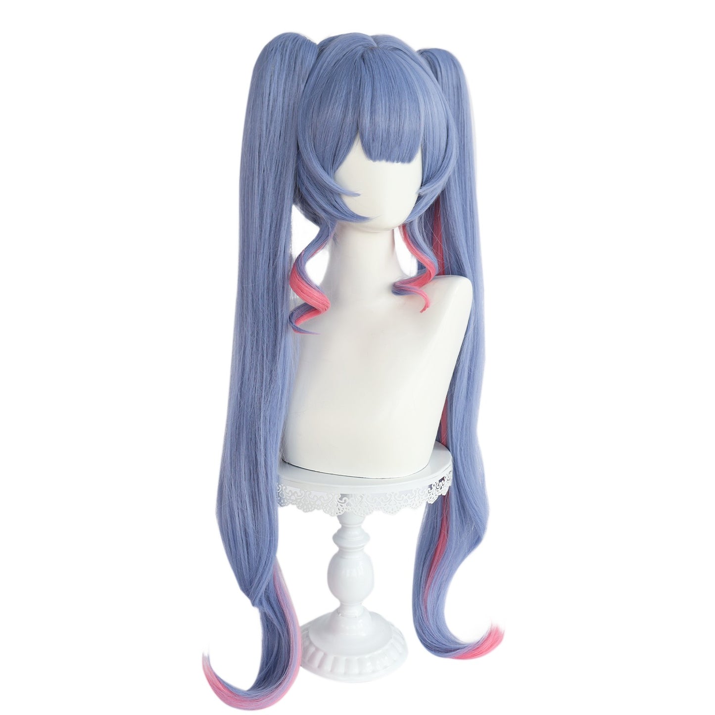 Peruca Lolita com duas marias-chiquinhas em degradê azul e rosa, cabelo longo com franja desfiada, fibra sintética para cosplay de anime