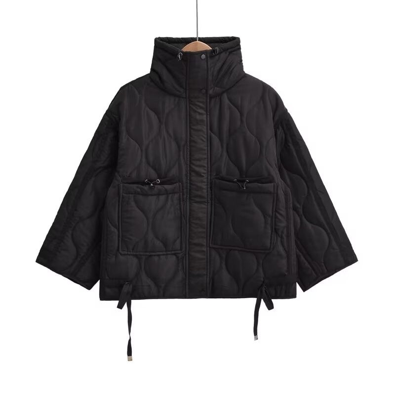 2024 autumn new women's fashion pocket decoration loose long sleeved stand collar diamond grid cotton jacket short jacket
