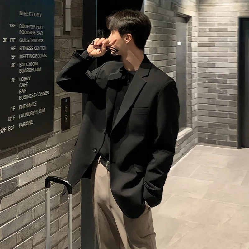 Korean Men's Casual Blazer Western-style Loose-fit Black Single-breasted Jacket Autumn Trendy Dongdaemun Style Clothes