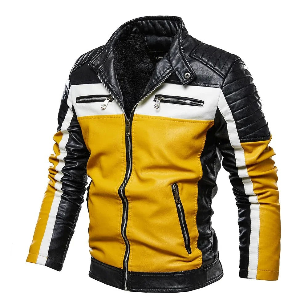 Men Yellow PU Leather Jacket Patchwork Biker Jackets Casual Zipper Coat Male Motorcycle Jacket Slim Fit Fur Lined Outwear Coat