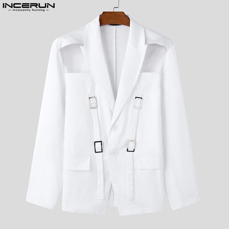 INCERUN Tops 2025 American Style Fashion Men Hollow Button Design Suit Coat Casual Streetwear Solid Long Sleeved Lace Up Blazers
