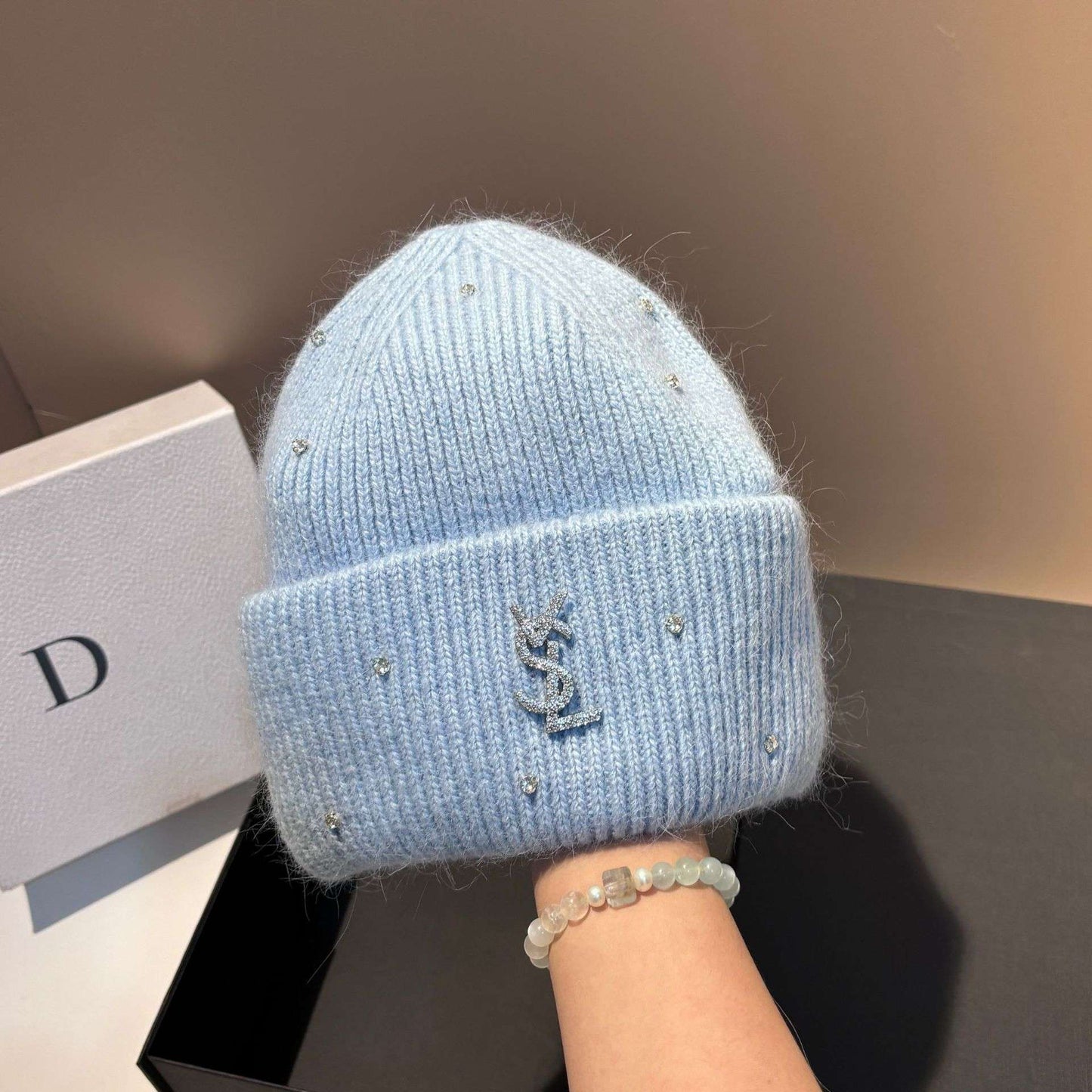 Rhinestone Decor Rabbit Fur Knitted Hat Warm Ear Flap Beanie for Women Luxury Soft Slouchy Cap Face Slimming Design