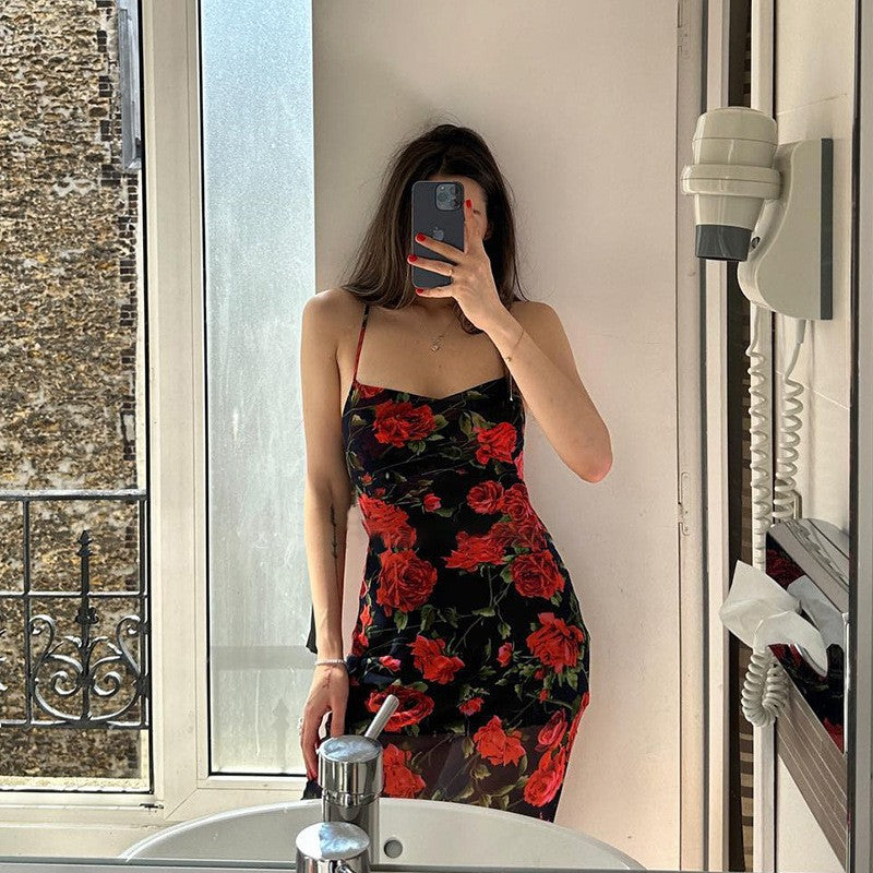 Flowers Print Spaghetti Strap Dresses Women Temperament Package Hip Bodycon Long