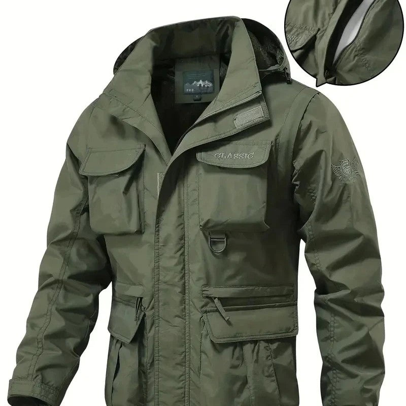 Men's Casual Waterproof Multi Bag Cargo Jacket Vest Suitable for Outdoor Activities Detachable Windproof Hooded Jacket Jacket