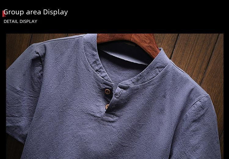Men's Summer Loose-fit Short Sleeve Linen T-shirt Cotton Linen Body Solid Color Breathable V-neck Thin Top
