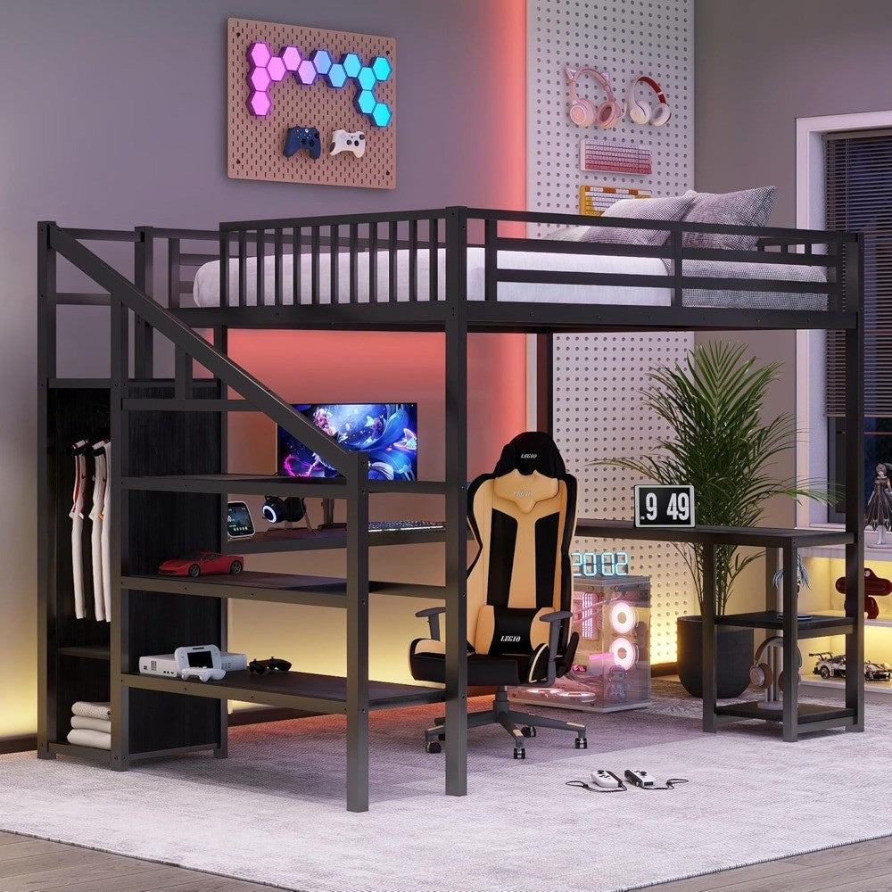 Cama Alta para Jogos Queen Size Adulto com Iluminação LED, Estrutura Robusta, Escada, Guarda-Roupa e Armazenamento
