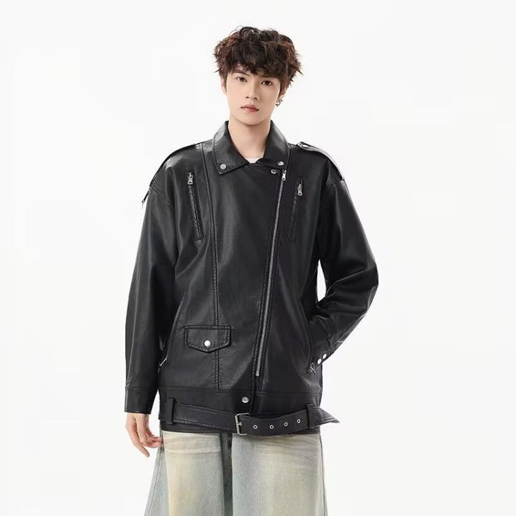 American Retro High Street Loose Motorcycle Biker Black Pu Faux Leather Jackets with Belt Spring Autumn Male Zipper Coat Outwear