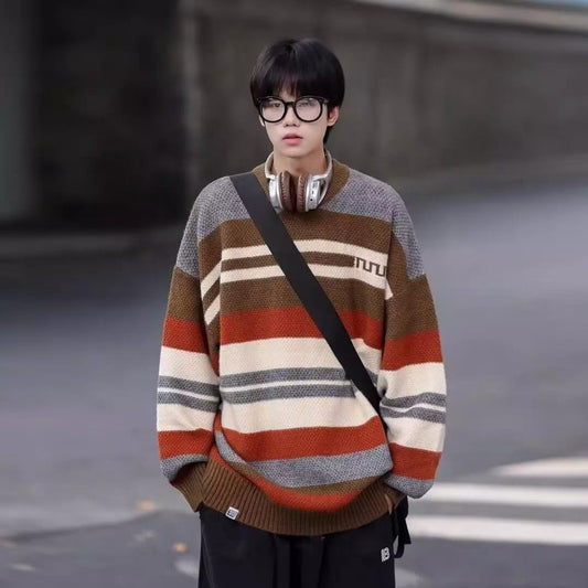 Simple Versatile Trendy Men's Crew Neck Sweater Contrasting Stripes Casual Loose Neutral Style Pullover