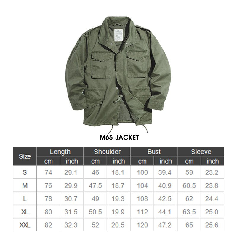 Maden Military M65 Field Jackets For Men's Green Vintage Army Jacket Casual Windbreaker Solid Lapel Collar with Pockets Overcoat