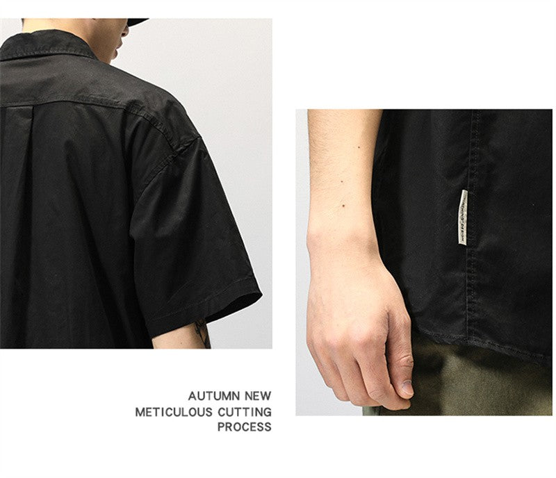 Summer Japanese Cargo Short Sleeve Shirt Men's Pockets Button Turn-down Collar Shirts Fashion Casual Cardigan blouses Tops