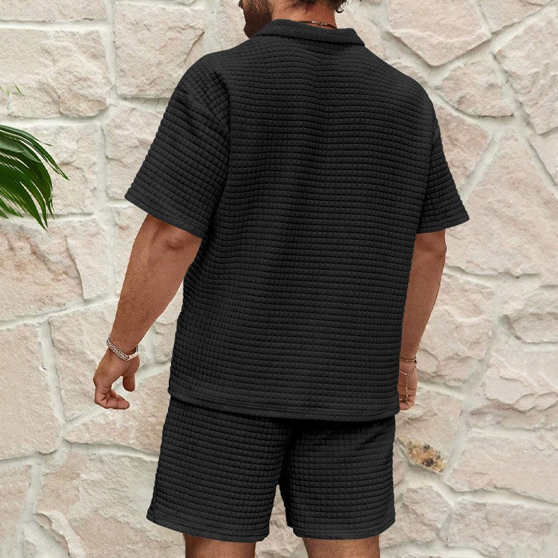 2024European and American Men's Spring and Summer Trends Youth Outdoor Lapel Small Plaid Short Sleeve Shorts Sports Suit